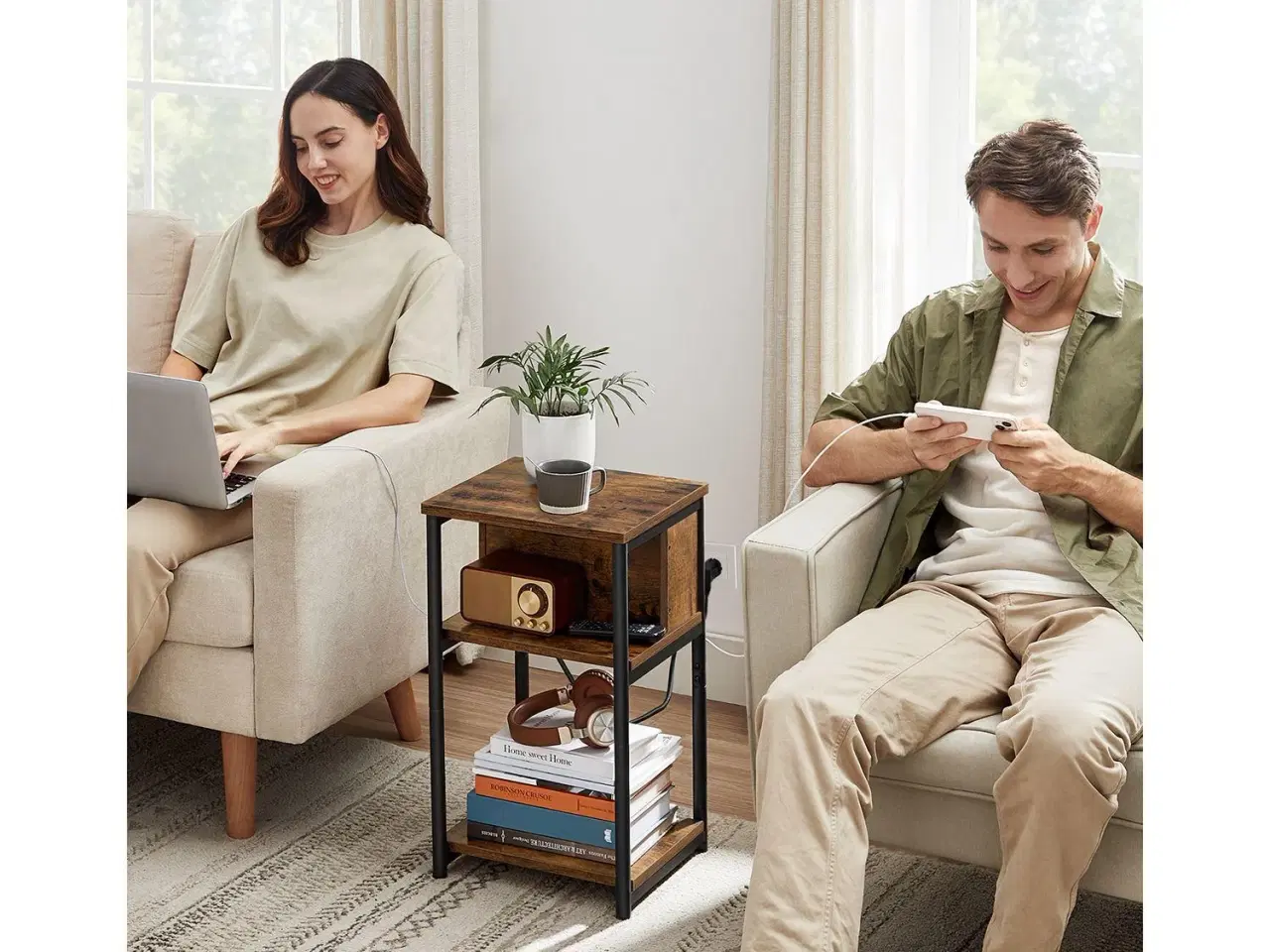 Billede 2 - Sengebord/sidebord med stik smalt, 2 AC + 2 USB, 30 × 34 × 58 cm, vintage brun/sort