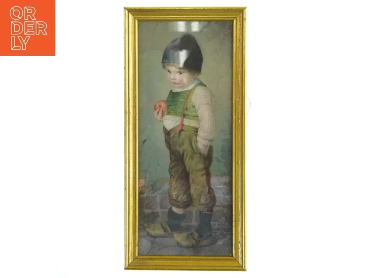 Billede 1 - Billede af dreng med æble i guldramme (str. 31x14,5 cm)