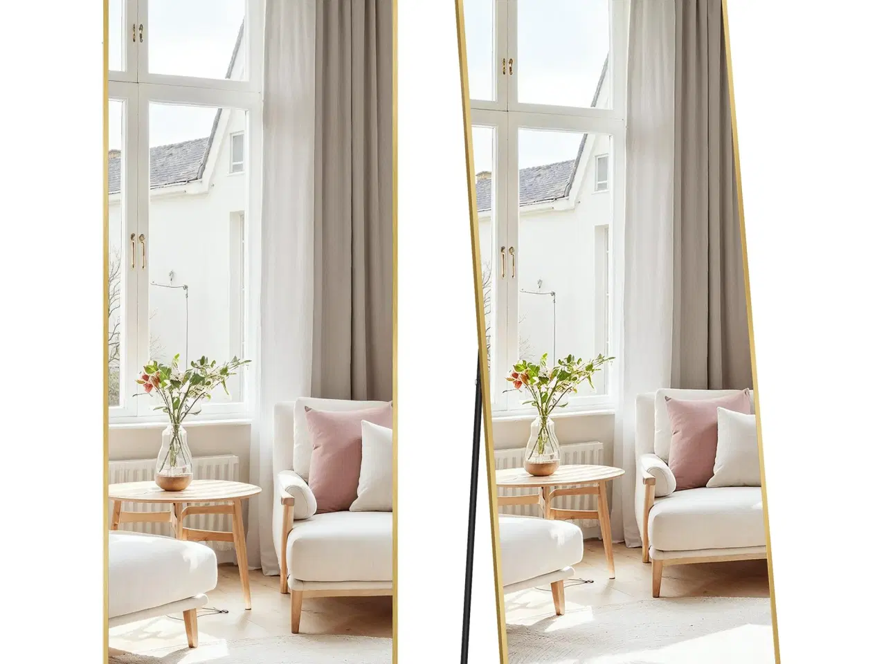 Billede 1 - Fuldfigurs gulvspejl 160 × 50 cm – rektangulært spejl med stander, hærdet glas, aluminiumsramme – lys guld