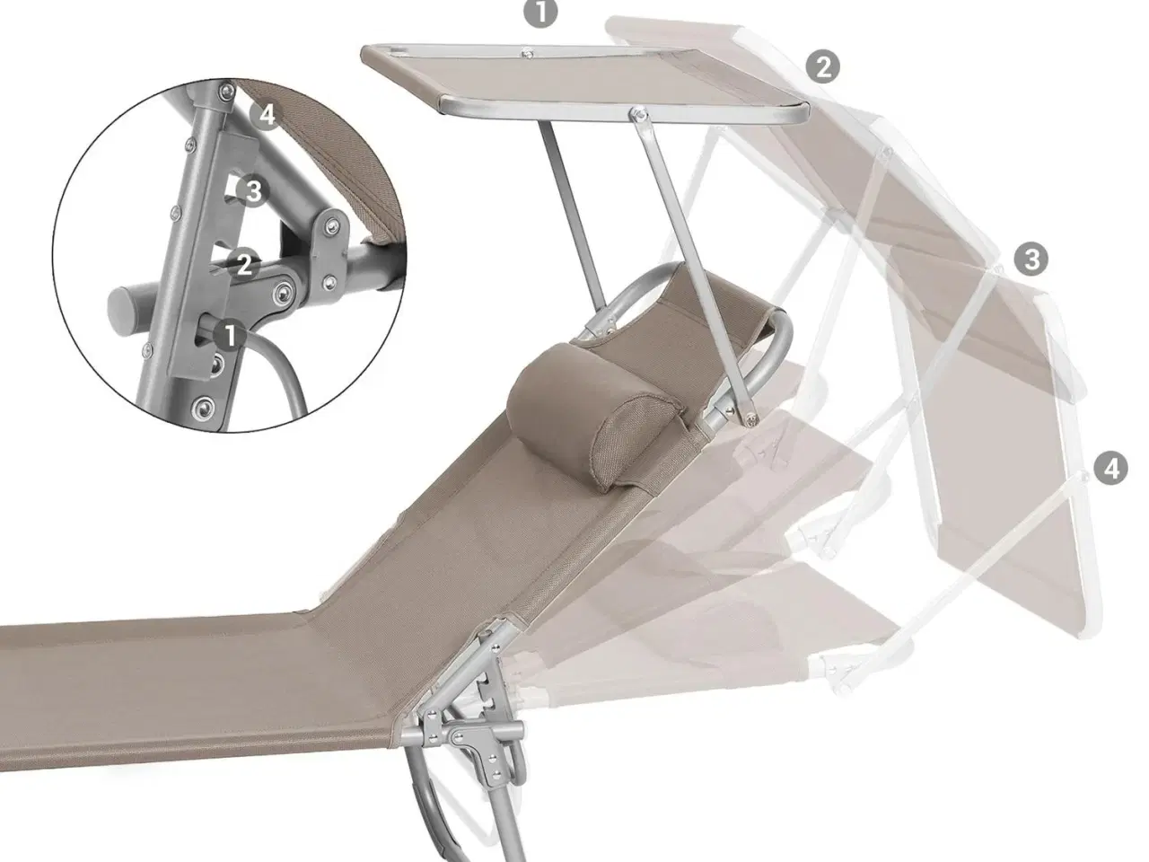 Billede 5 - Solseng med nakkepude og solskærm – justerbar, foldbar, taupe 53 × 193 × 29,5 cm (150 kg)