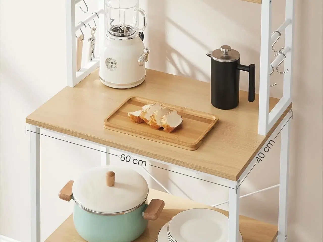 Billede 7 - Køkkenreol med 6 hylder og 6 kroge kaffe- og mikrobølgeovnstation, stålramme, justerbar hylde, 40 × 60 × 167 cm, eg/hvid (KKS024W09)