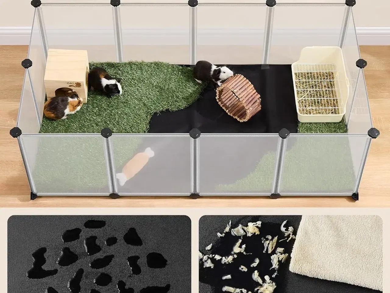 Billede 4 - Løbegård til kæledyr med bund og aftagelig Oxford-måtte, indendørs indhegning til smådyr, DIY plastbur, 143 × 73 × 46 cm, hvid