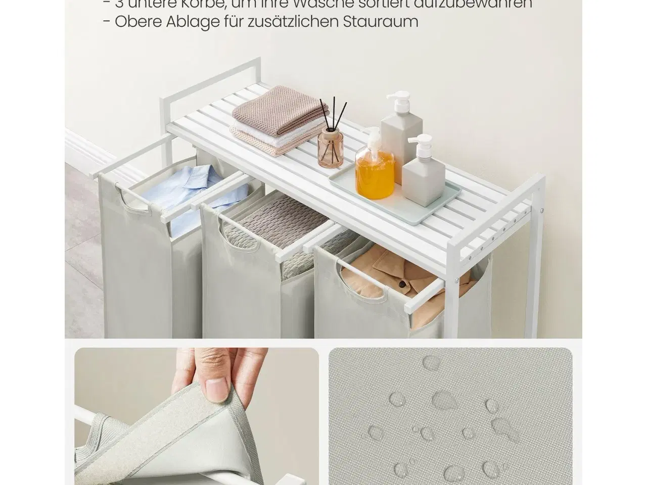 Billede 4 - Vasketøjskurv med 3 rum udtrækkelige poser, hylde, metalramme, 3 × 38 l, 92,5 × 33 × 72 cm, hvid