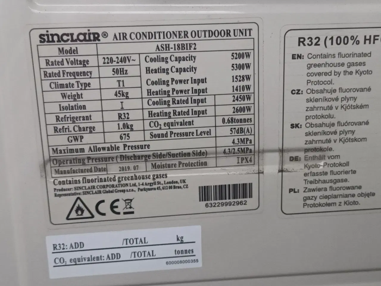 Billede 7 - Varmepumpe, 5300W varme, 5200W køl, Kølemiddel R32