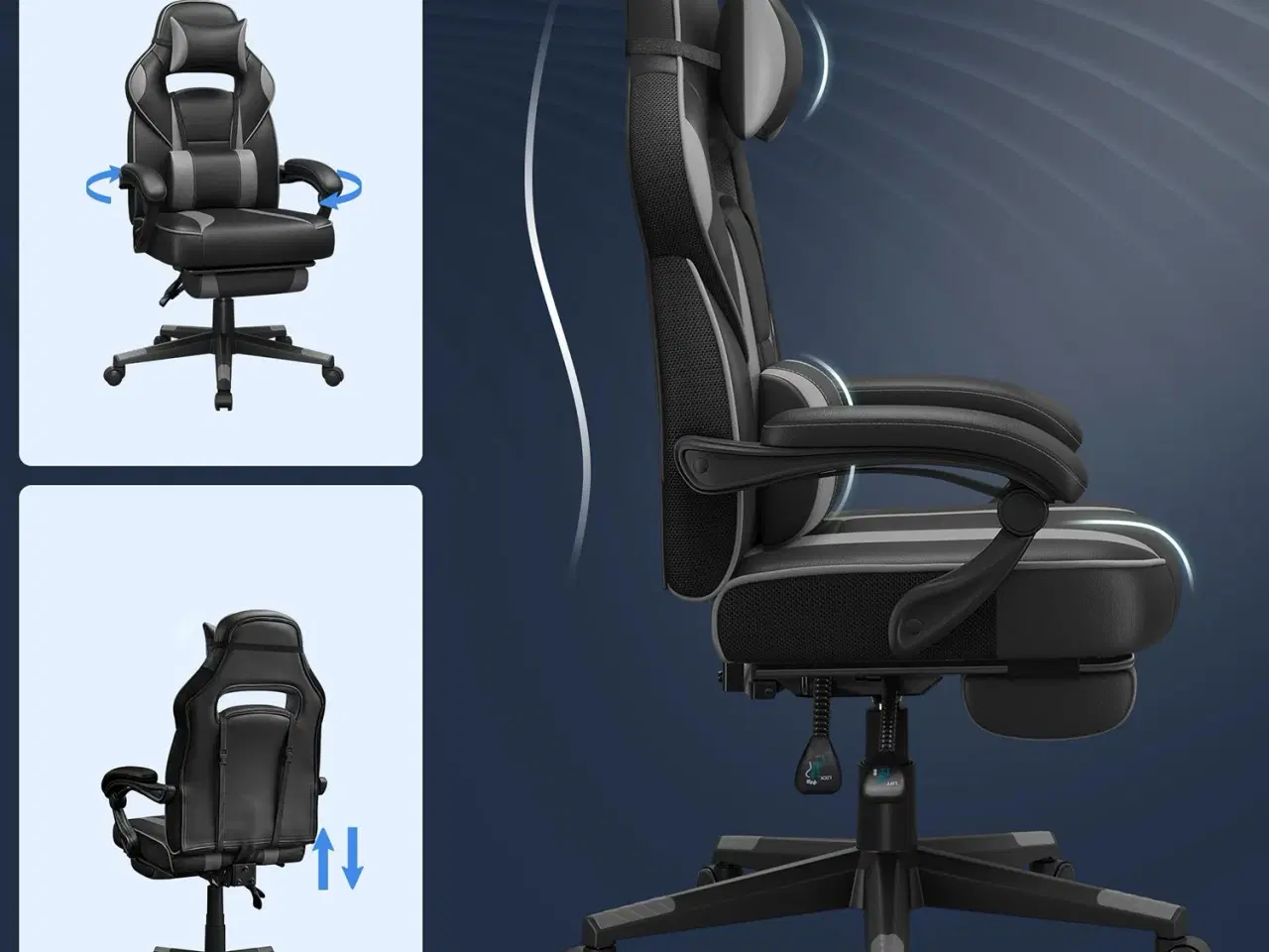 Billede 6 - Kontorstol gaming med fodstøtte ergonomisk, sort/grå