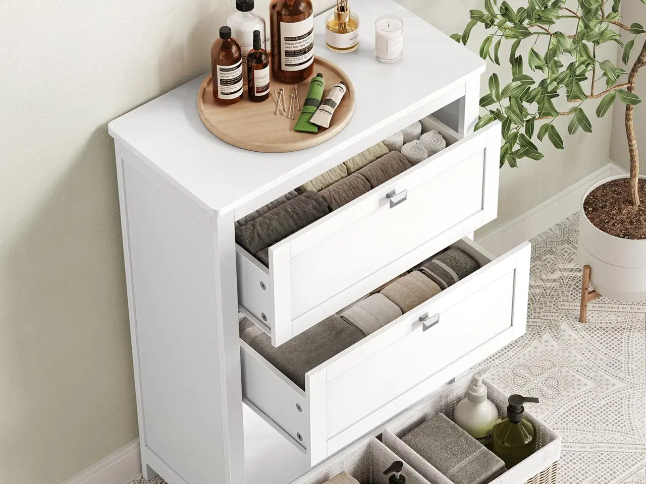 Billede 3 - Badeværelsesskab – VASAGLE, 2 skuffer, justerbare skillevægge og 2 kurve, 30 × 60 × 80 cm, Cloud White