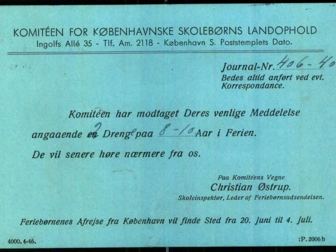 Billede 1 - Komiteen for Københavnnske skolebørns Landophold - Helsagskort u/n - Brugt