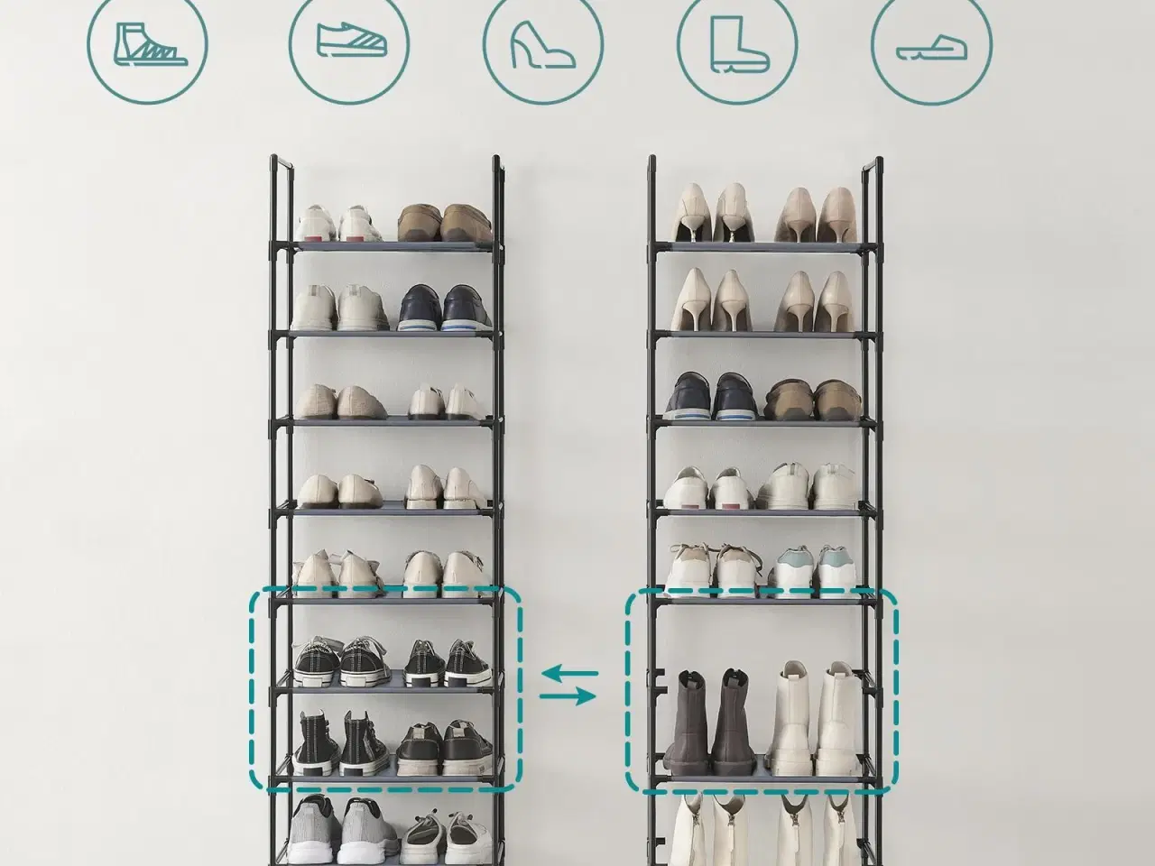 Billede 3 - Skoreol med 10 hylder – pladsbesparende skostativ 45 × 28 × 173 cm, metalstel og non-woven hylder, grå