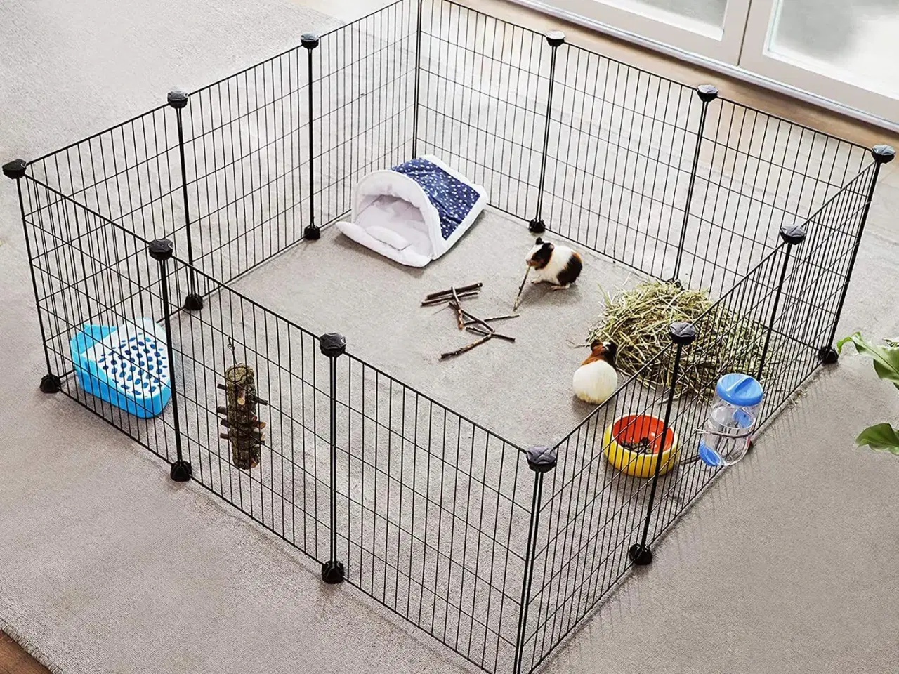 Billede 2 - Løbegård til smådyr indendørs kanin- og marsvinebur, modulær metalhegn, sort