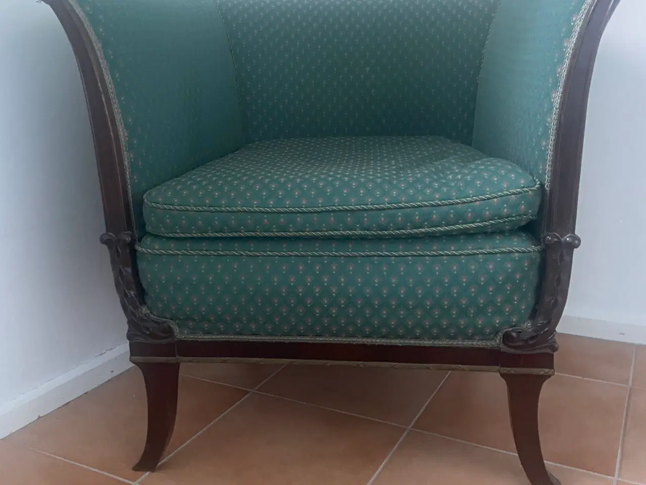 Billede 2 - Lænestol, mahogni og nyt betræk. Fine messingbslag