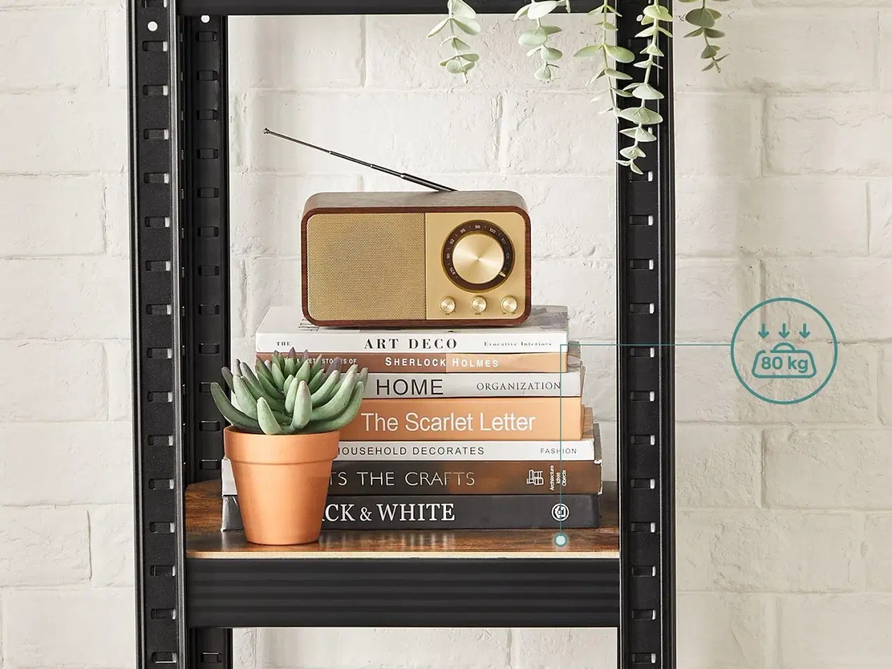 Billede 5 - Reolsystem metal med trælook 37×37×150 cm 5 hylder, justerbar, 400 kg samlet belastning, rustik brun/sort