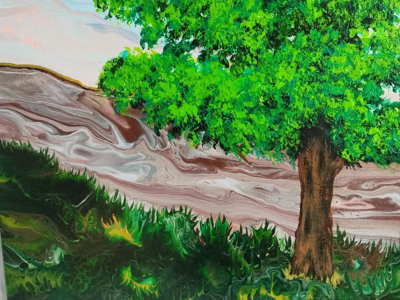 Billede 5 - Akryl Fluid Art natur maleri med træet i centrum 
