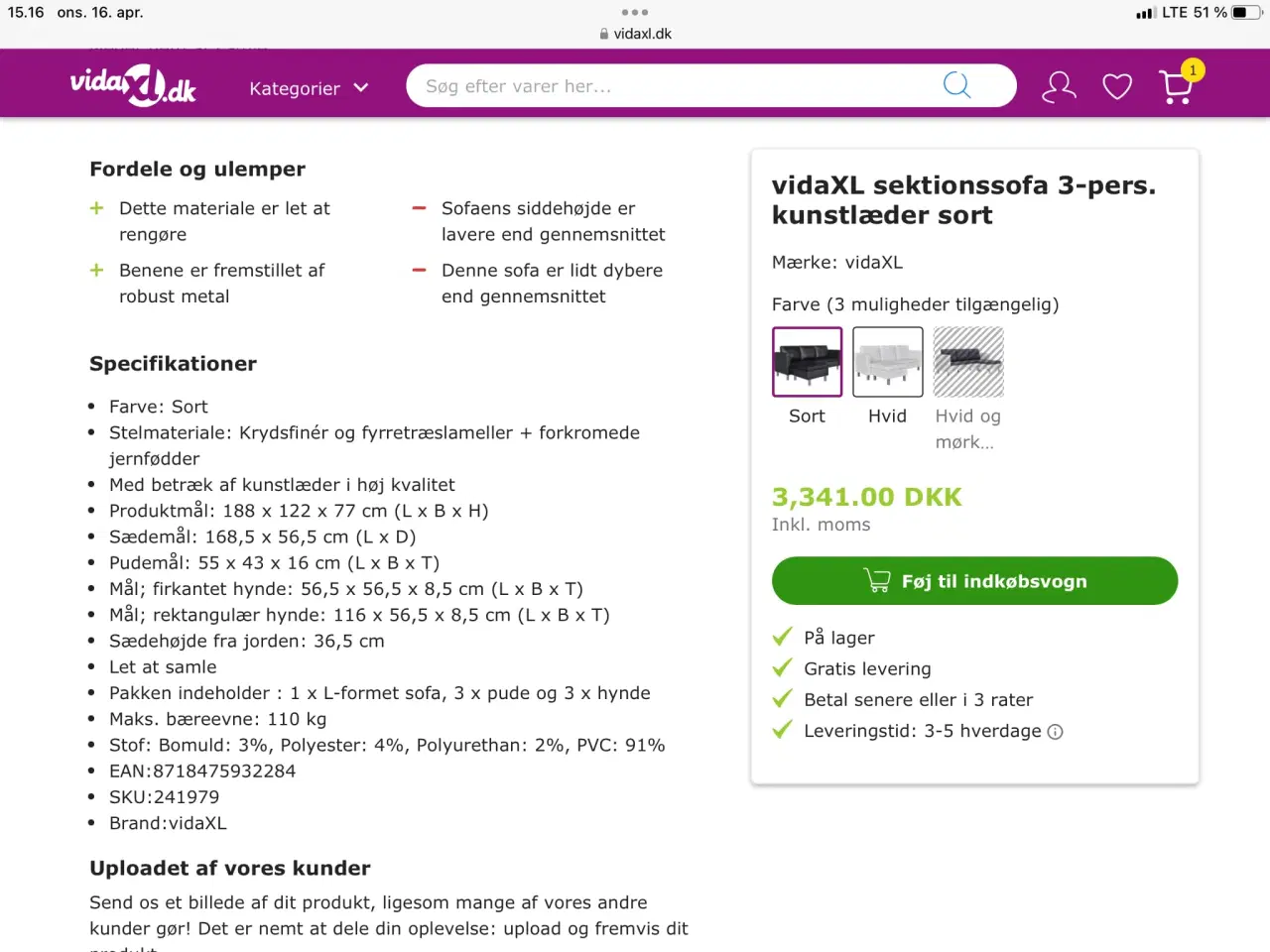 Billede 1 -  Sofa med chaiselong
