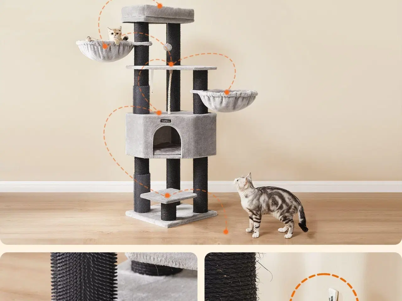 Billede 7 - Kattetræ til store katte – FEANDREA, robust kradsetræ med selvopvarmende puder, 2 selv-plejere, 9 kradsepæle, stor liggeplads, hule og kurve, 50 × 50 × 160 cm, duegrå/sort
