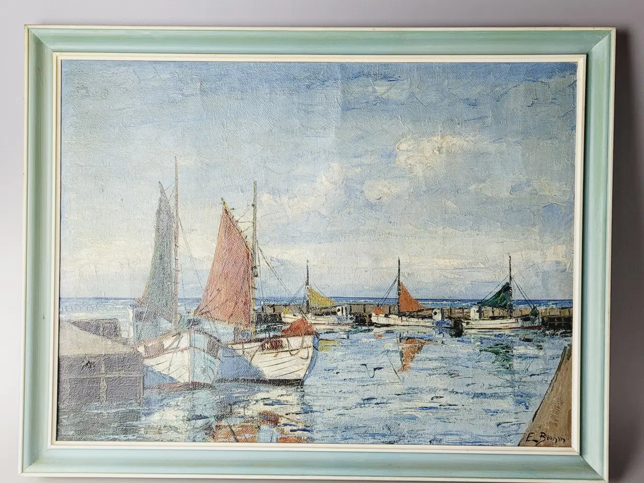 Billede 1 - ⛵ Charmerende Oliemaleri - Emil Brehm – Havnemotiv