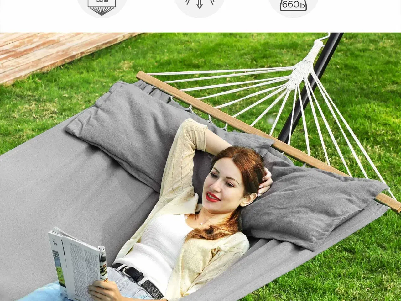 Billede 3 - Dobbelt hængekøje i TC-stof – grå, 210 × 150 cm med puder og træspredere