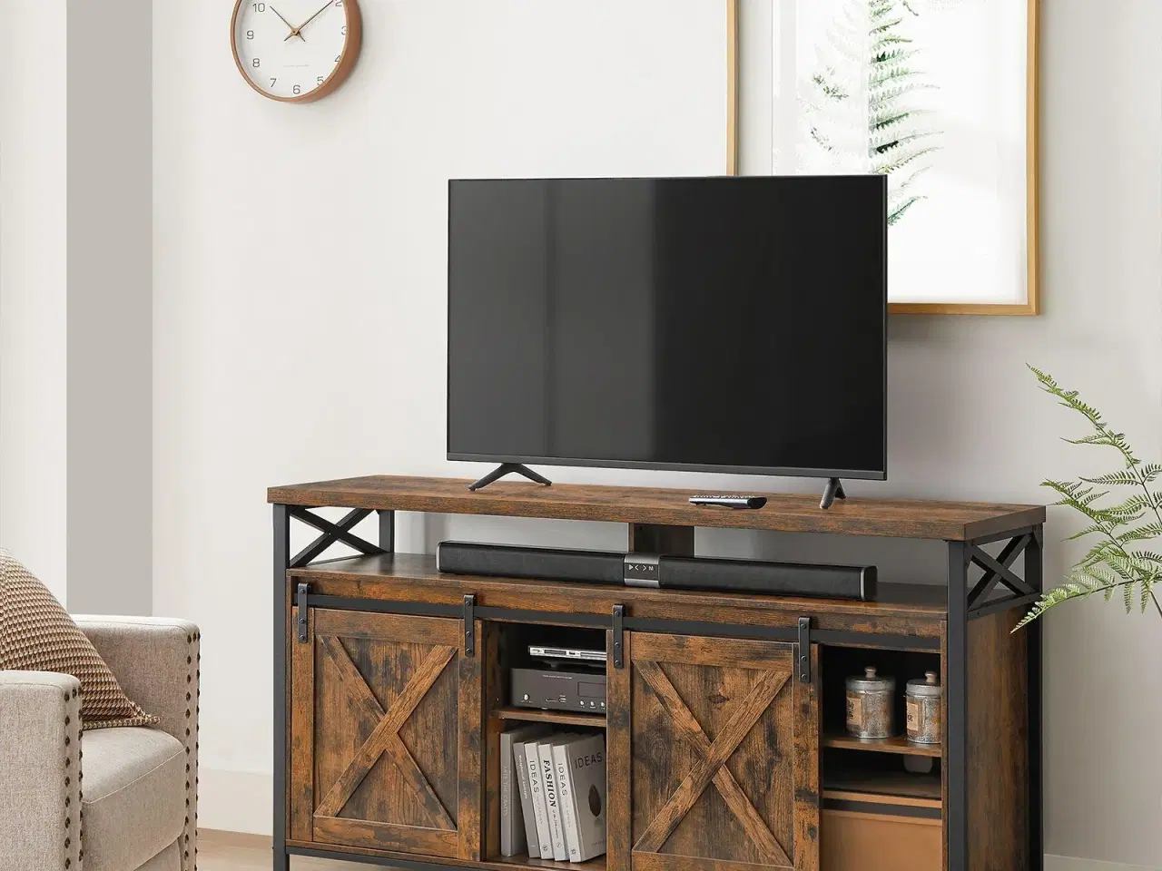 Billede 2 - TV-bord til 65" justerbare hylder, skydelåger i lade-stil, industrielt design, metalstel, rustik brun/sort