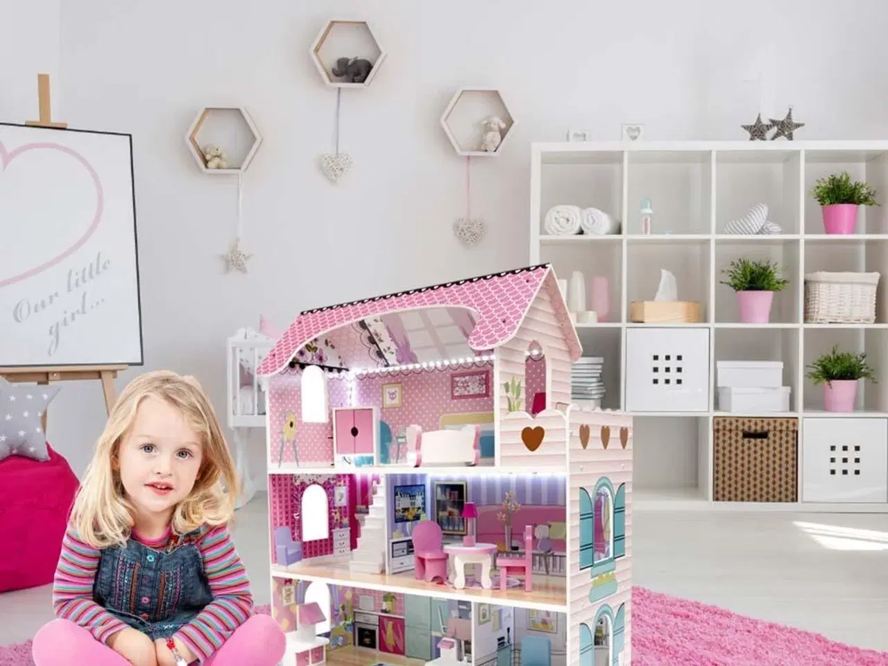 Billede 1 - Dukkehus i træ med møbler 70 cm – pink med LED