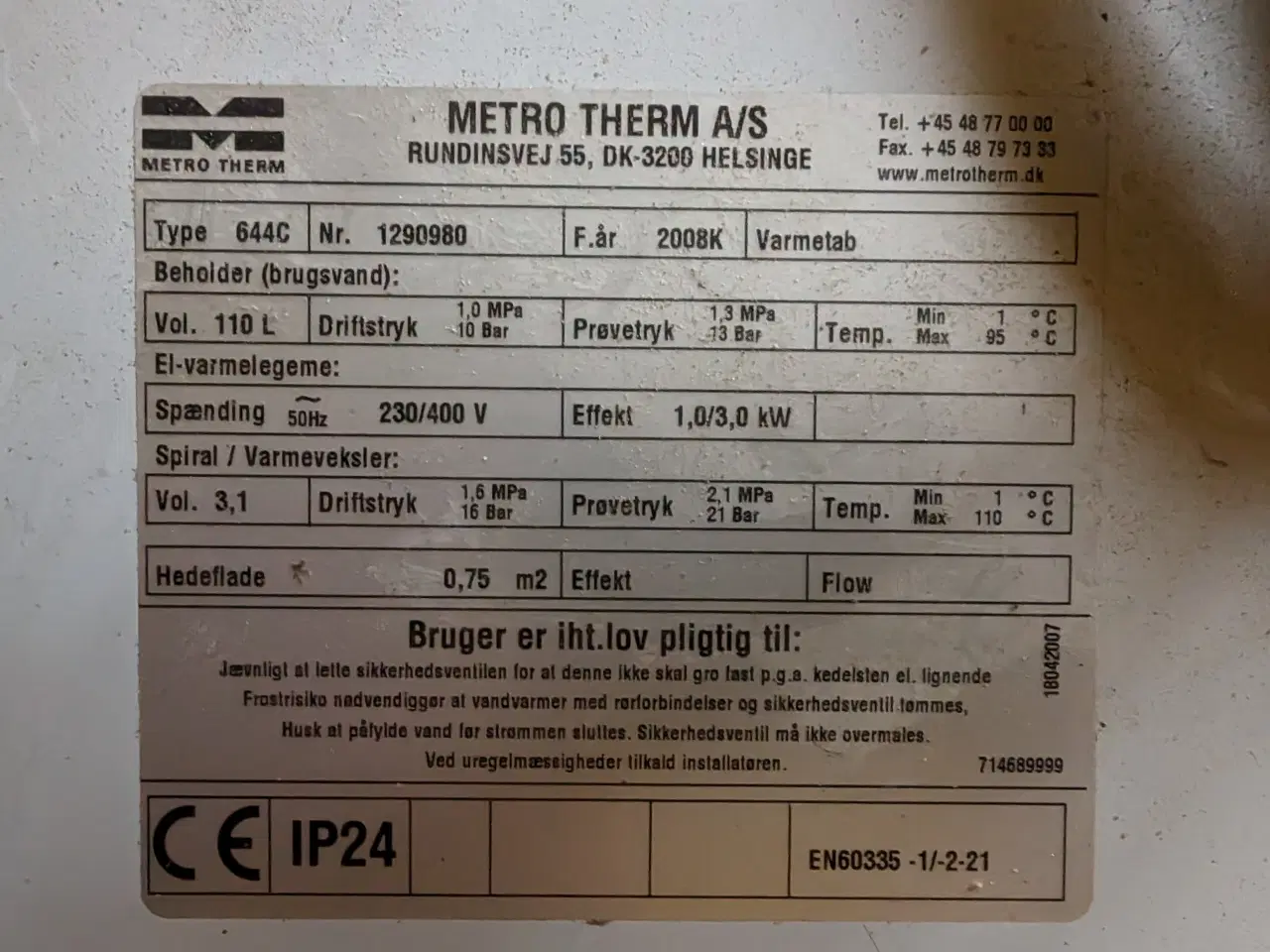 Billede 2 - METRO THERM el-vandvarmer model 110