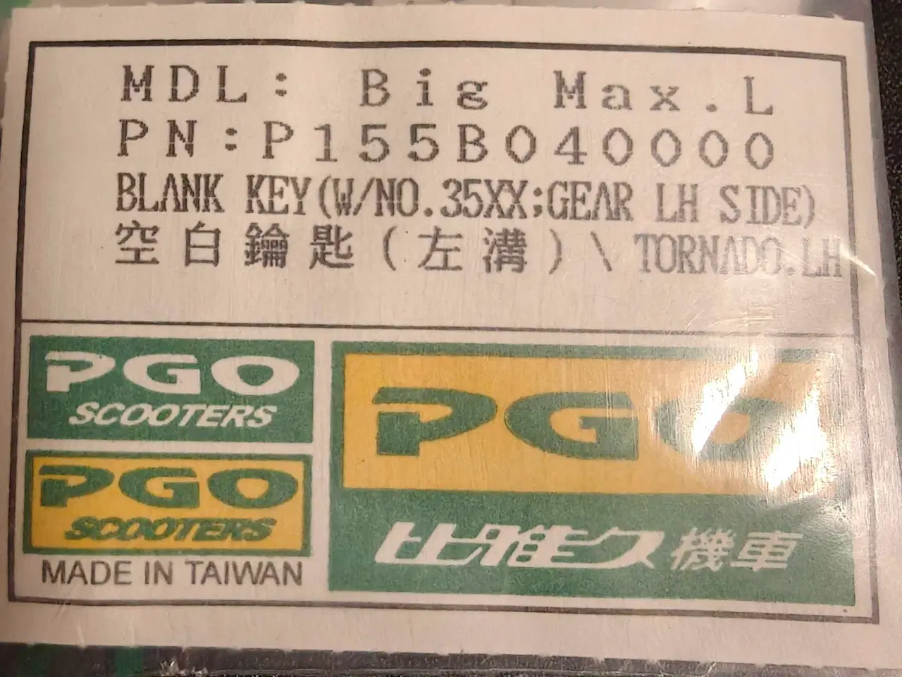 Billede 2 - PGO Hot 50/BigMax/Tornado. Ny Original Blank Nøgle