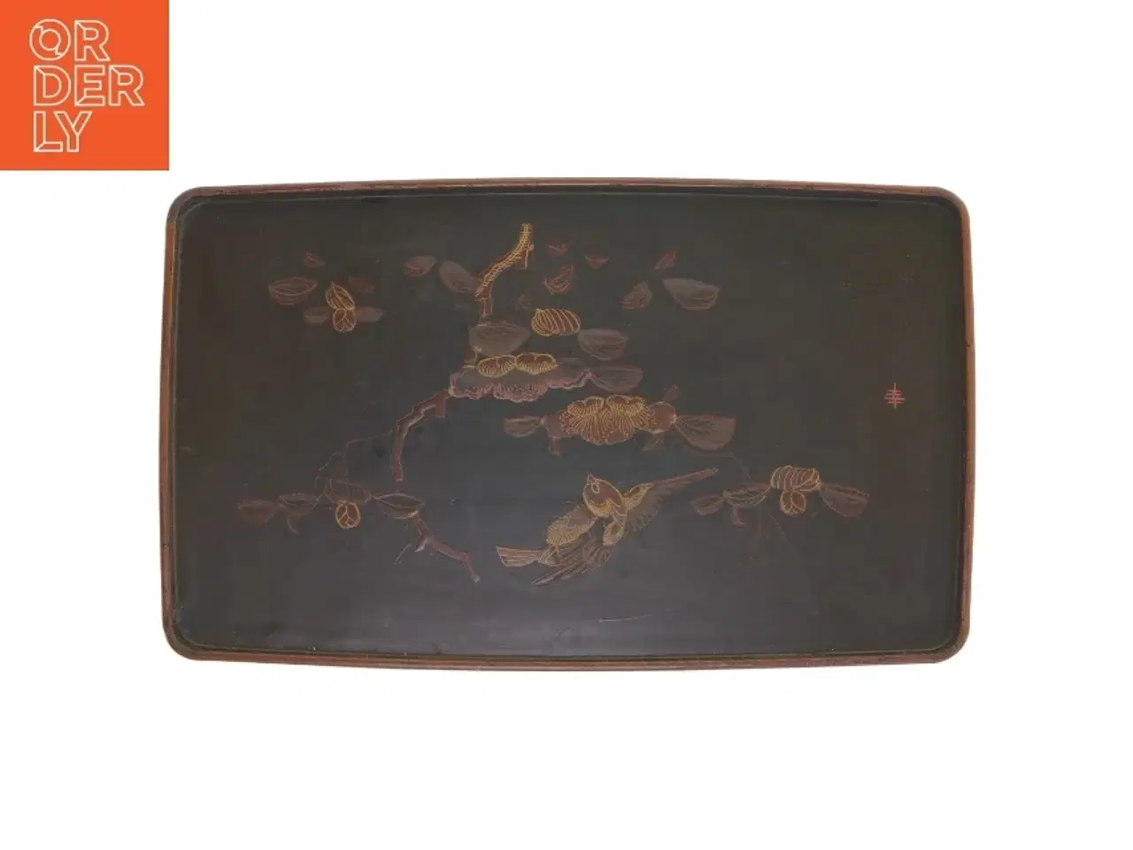 Billede 1 - Dekorativ kinesisk bakke med intarsia fuglemotiv (str. 32,5x19,5 cm)