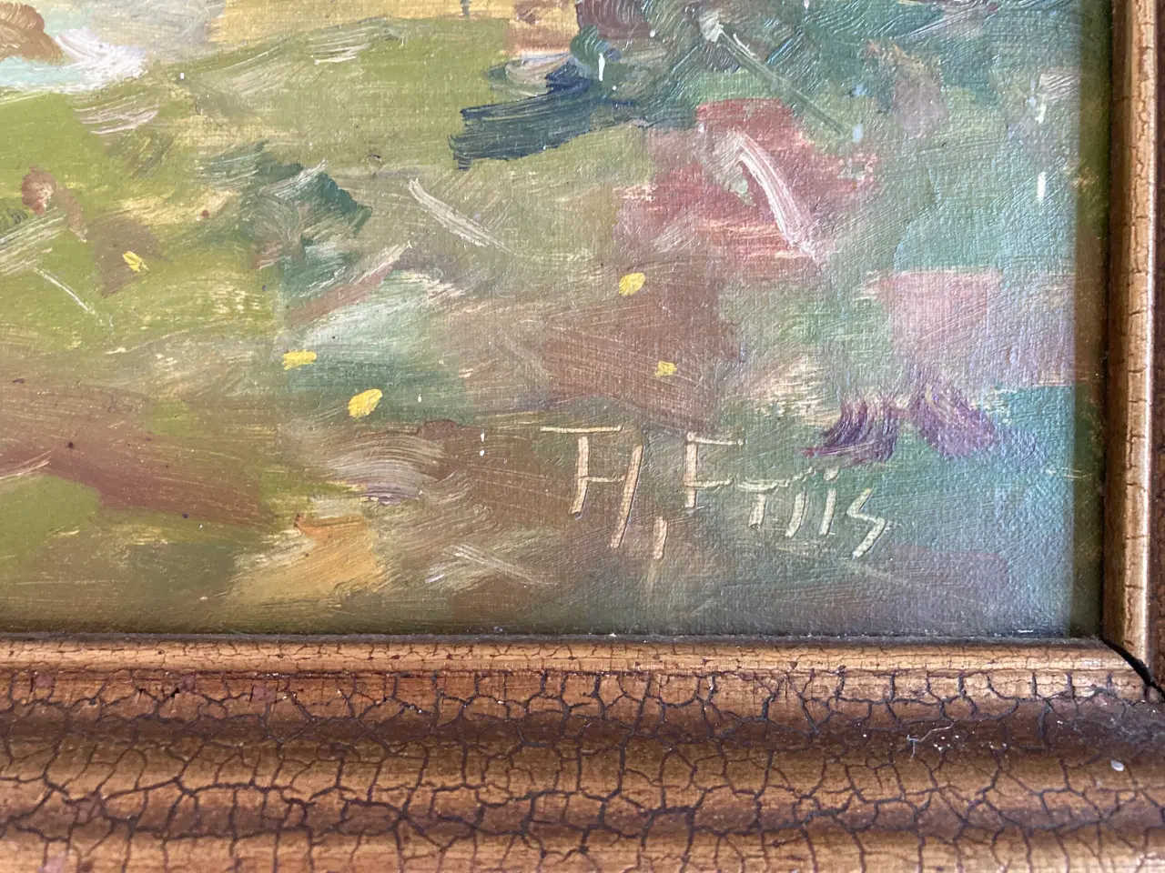 Billede 2 - TH Frils Maleri Landskab med Huse og Vand