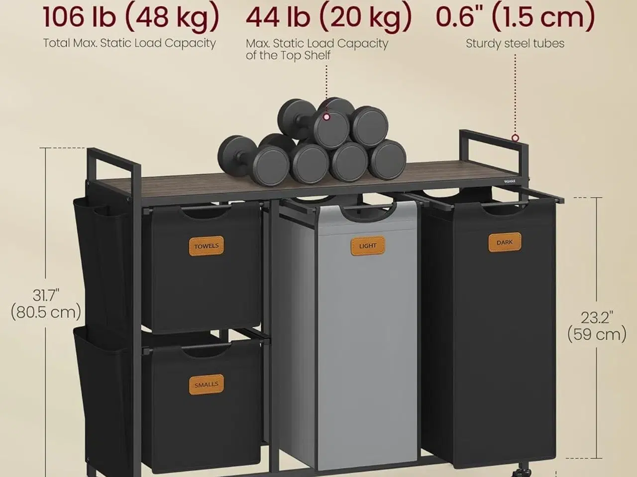 Billede 6 - Vasketøjskurv med 4 rum 150 l sorter, rullevogn med hylder, aftagelige poser, 6 mærker, kastanjebrun/sort/duvegrå