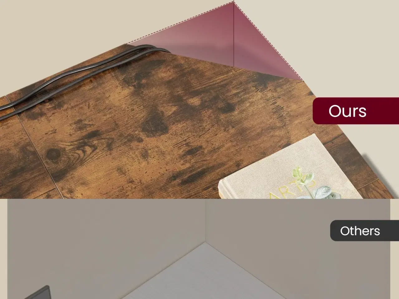 Billede 6 - L-formet hjørneskrivebord 130 × 130 × 76 cm med 2 hylder – rustik brun/sort