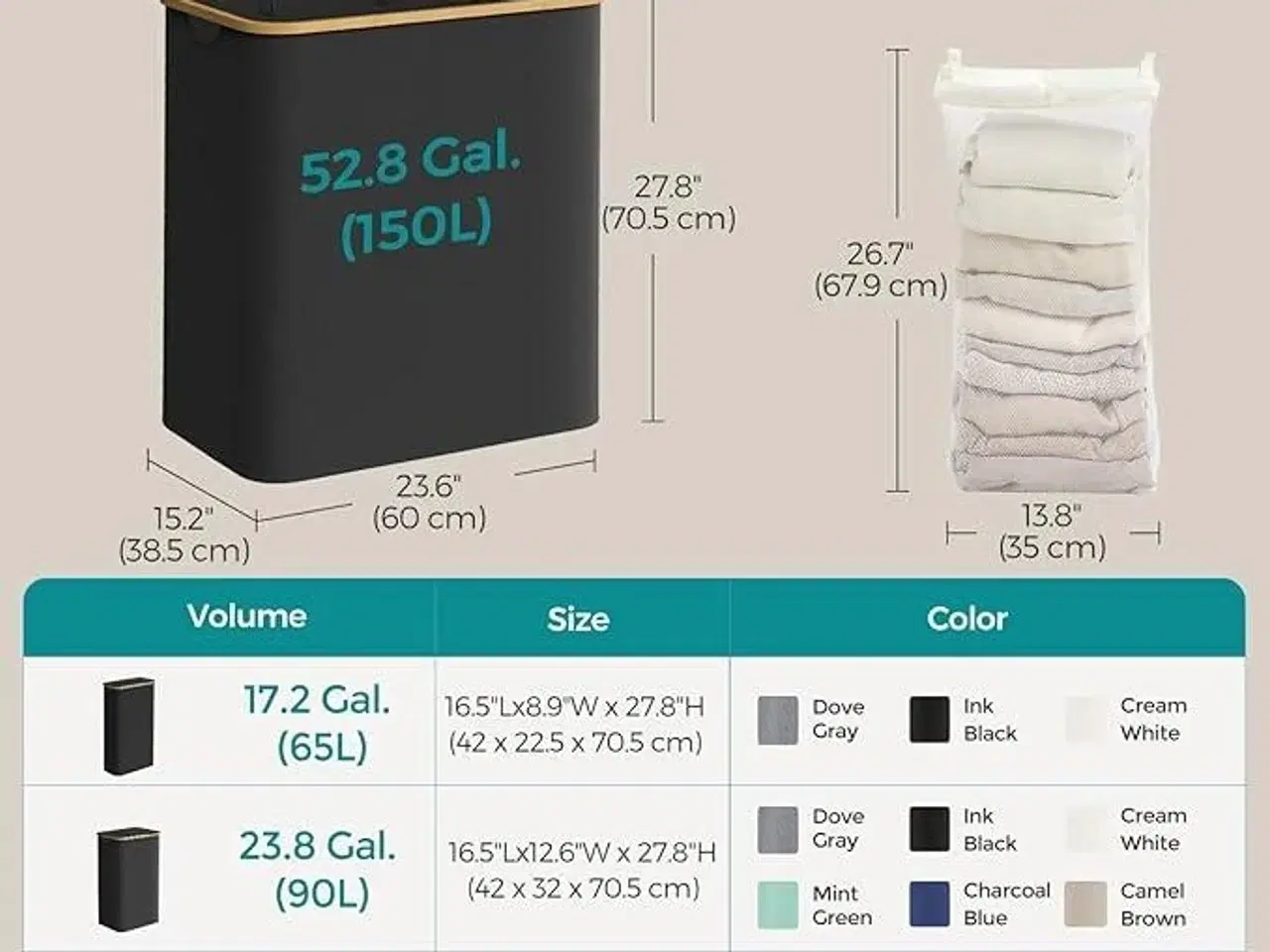 Billede 6 - Vasketøjskurv med låg 3 rum, 150 l, aftagelig meshpose, Oxford-stof, bambushåndtag, sammenklappelig, 60 × 38,5 × 70,5 cm, ink sort