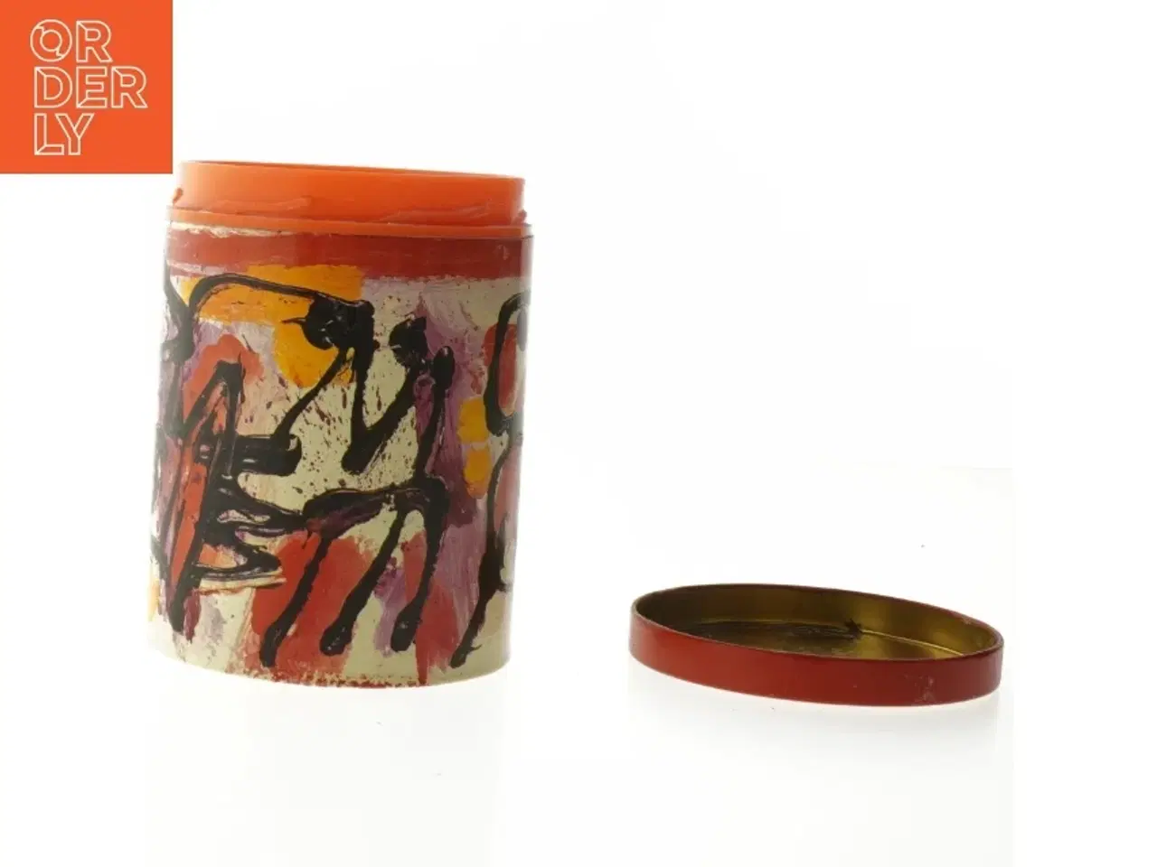 Billede 3 - Dekorativ dåse med abstrakt design fra Irma (str. Ø. 11,5. cm. længde. 15 cm)