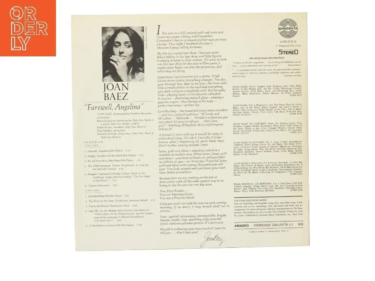 Billede 2 - Farewell, Angelina - Joan Baez Vinyl LP fra Amadeo