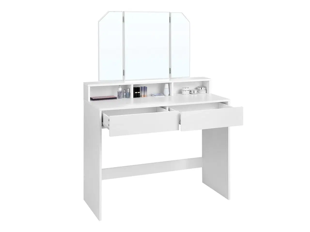 Billede 3 - Toiletbord med tre-delt spejl, 2 skuffer og 3 åbne rum – hvid