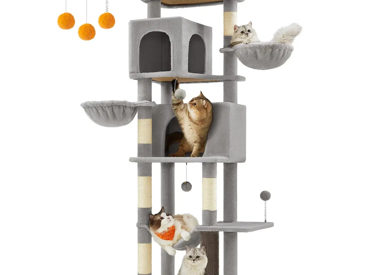 Billede 3 - Kattetræ Feandrea, 175 cm højt, multi-level kattemøbel med 2 huler, 2 kurve, 5 kradsepæle, selv-plejer, udkigsplads og hængekøje, indendørs, duegrå
