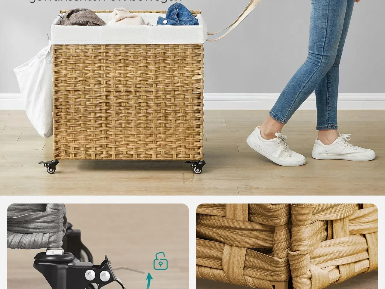 Billede 4 - Vasketøjskurv med låg – SONGMICS, 140 l, rattan-look, 3 rum, aftagelig inderpose, hjul og håndtag, natur, 66 × 33 × 60 cm