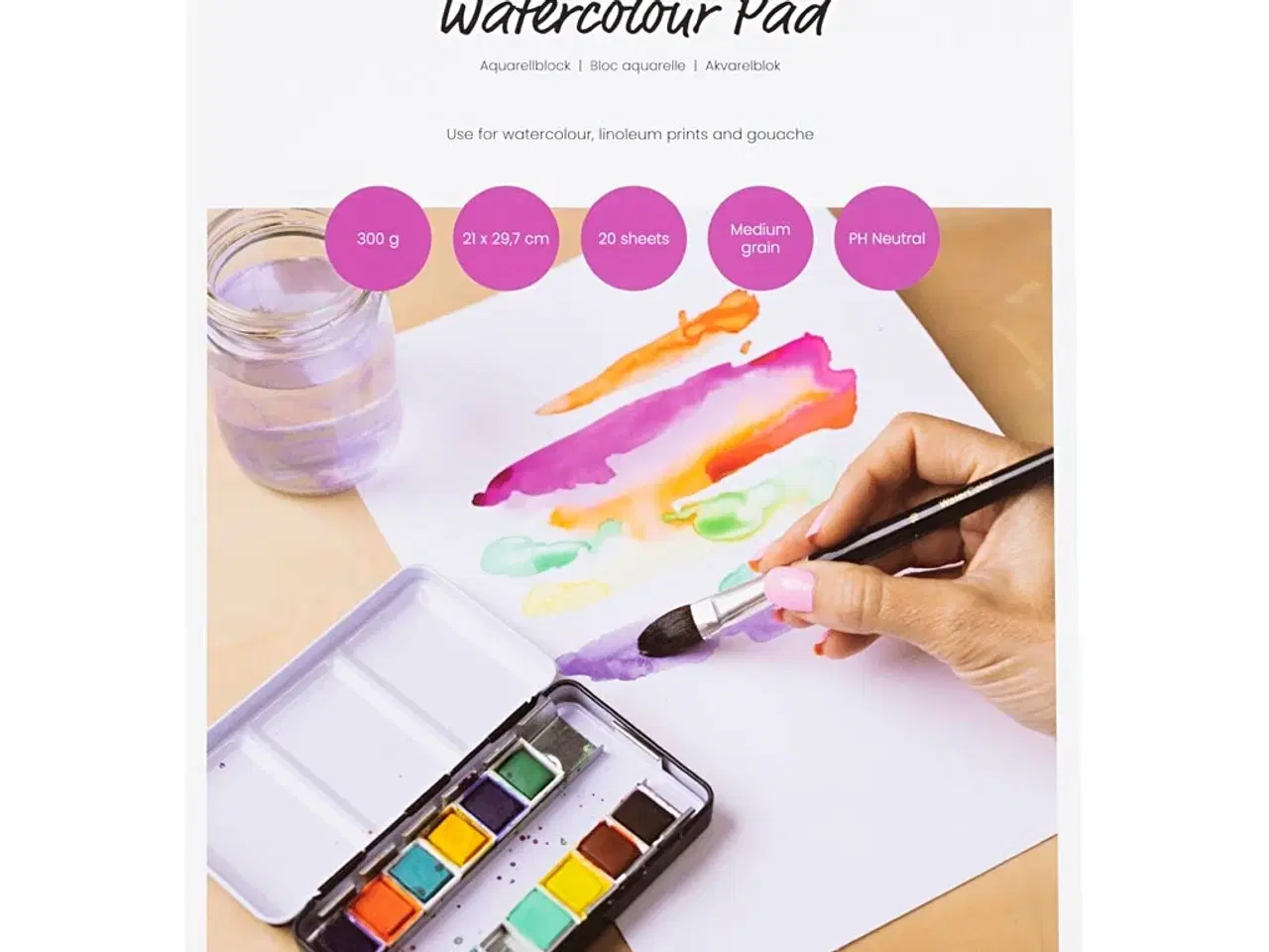 Billede 1 - Akvarelblok, A4, ark 210x297 mm, koldpresset,mellemkornet, 300 g, hvid, 20 ark/ 1 stk.