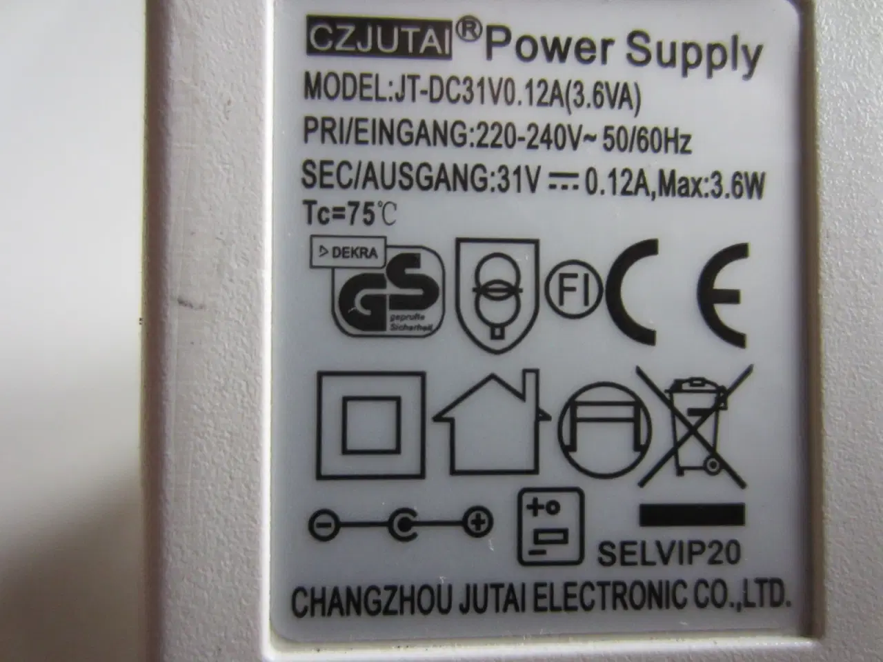 Billede 2 - CZJUTAI JT-DC31V0.12A(3.6VA) AC/DC Adapter 31Vdc