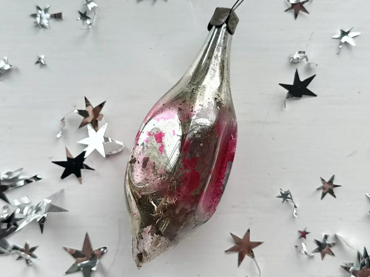 Billede 2 - Vintage julekugle, stor sølvdråbe m patineret pink