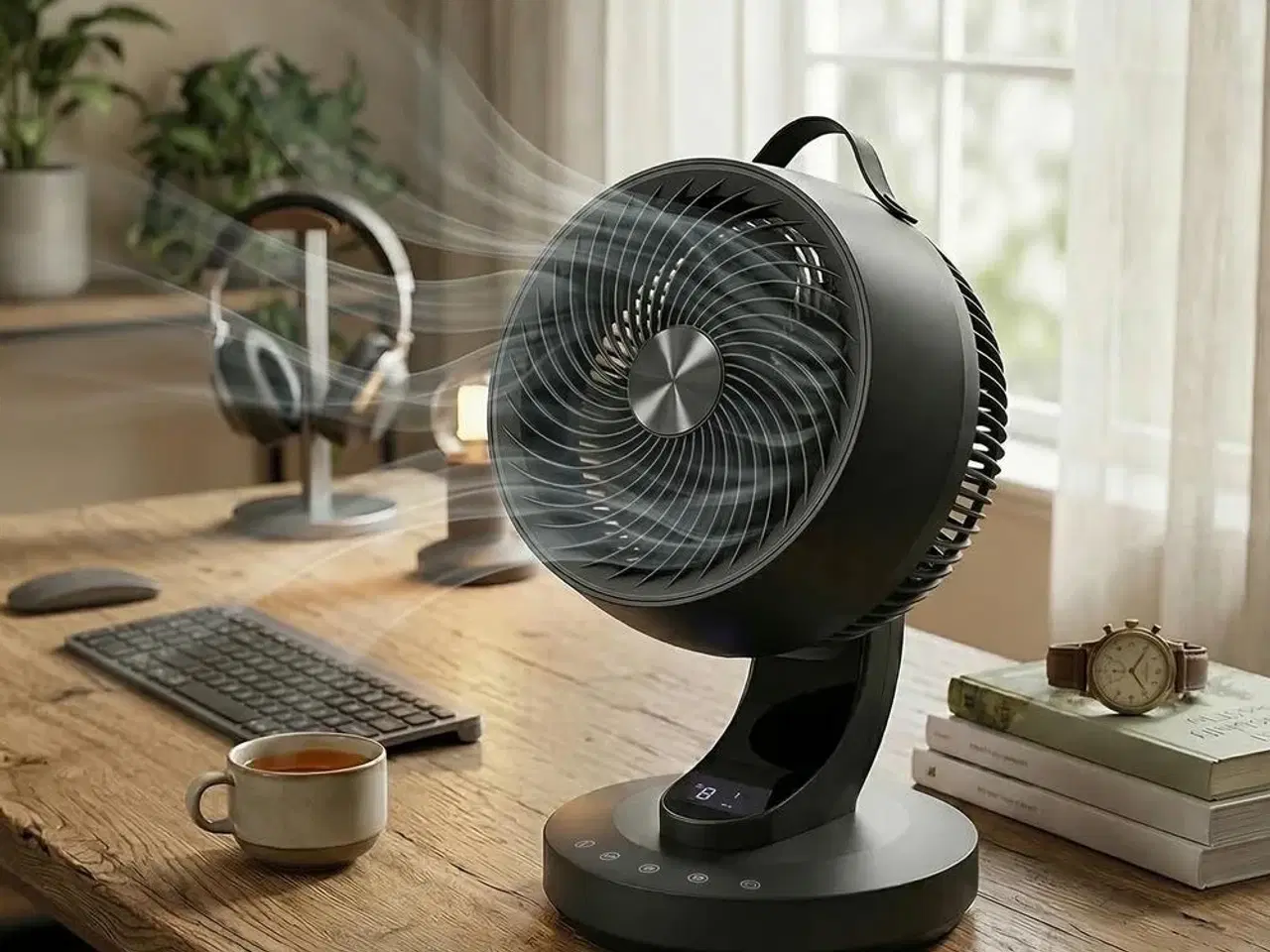 Billede 5 - Bordventilator med fjernbetjening - 8 hastigheder, 70° sving, luftcirkulator, 12-timers timer - sort