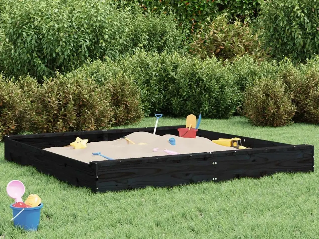 Billede 1 - Sandkasse med sæder firkantet massivt fyrretræ sort
