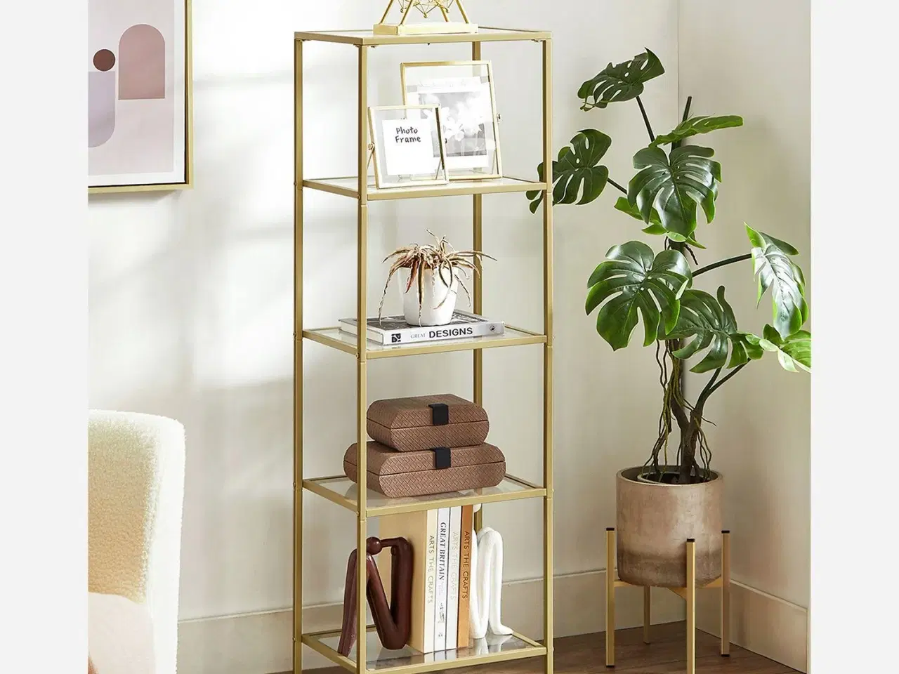 Billede 4 - Reol med glas 5‑etagers, slank stigereol i hærdet glas og stål, guld