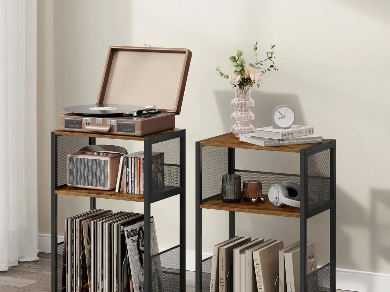 Billede 6 - Pladespillerbord med 3 hylder – vinylopbevaring til op til 100 albums, sidebord til stue og soveværelse, rustik brun