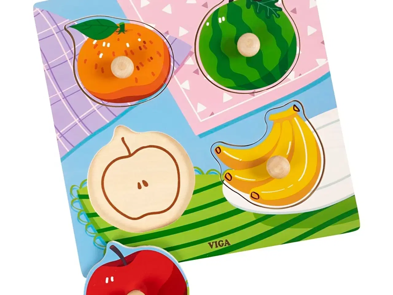 Billede 1 - VIGA Træpuslespil med Knop - Frugt, 4 brikker