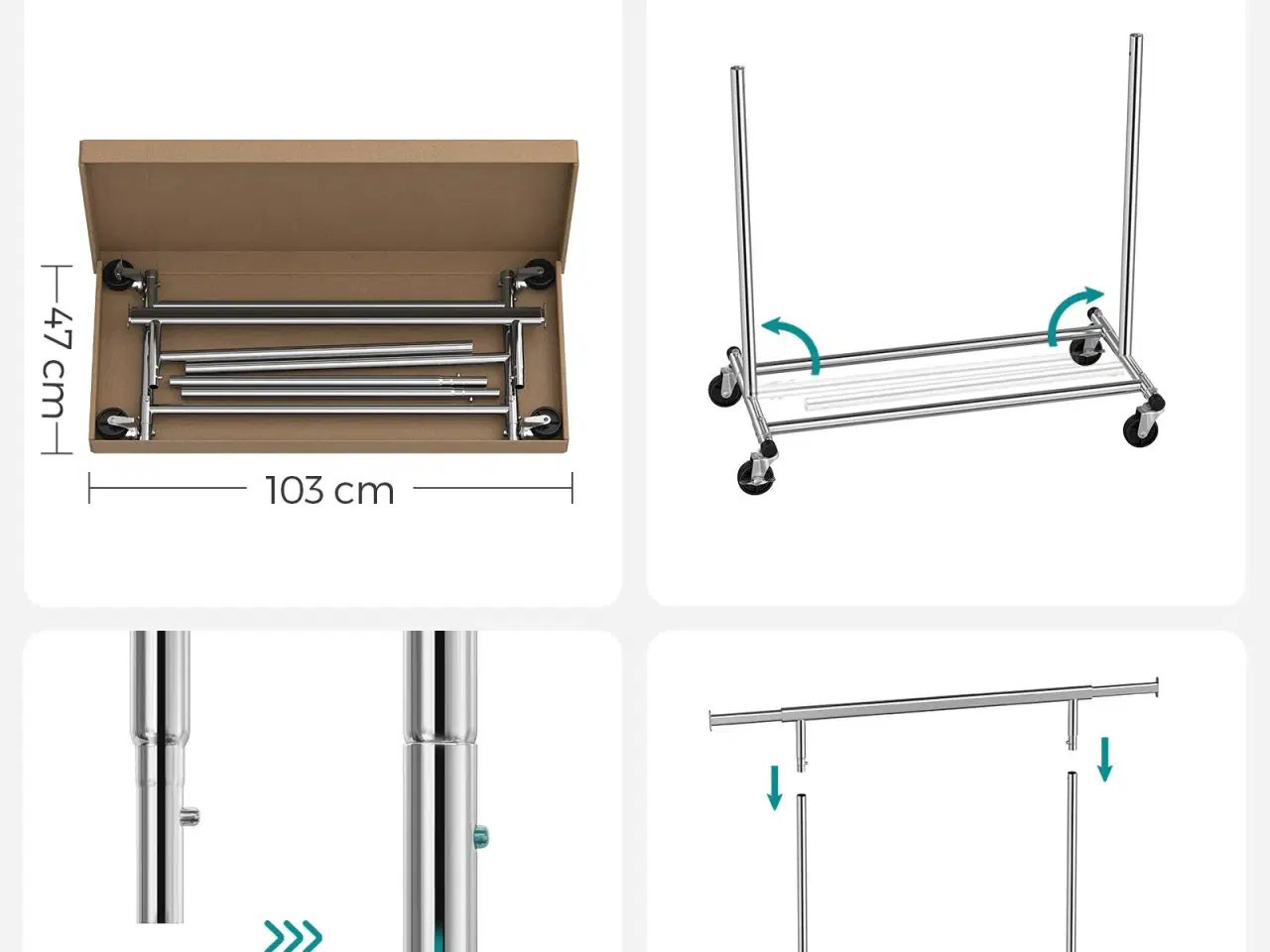 Billede 7 - Tøjstativ på hjul kraftig model, udtrækkelig bøjlestang, 90 kg, sølv