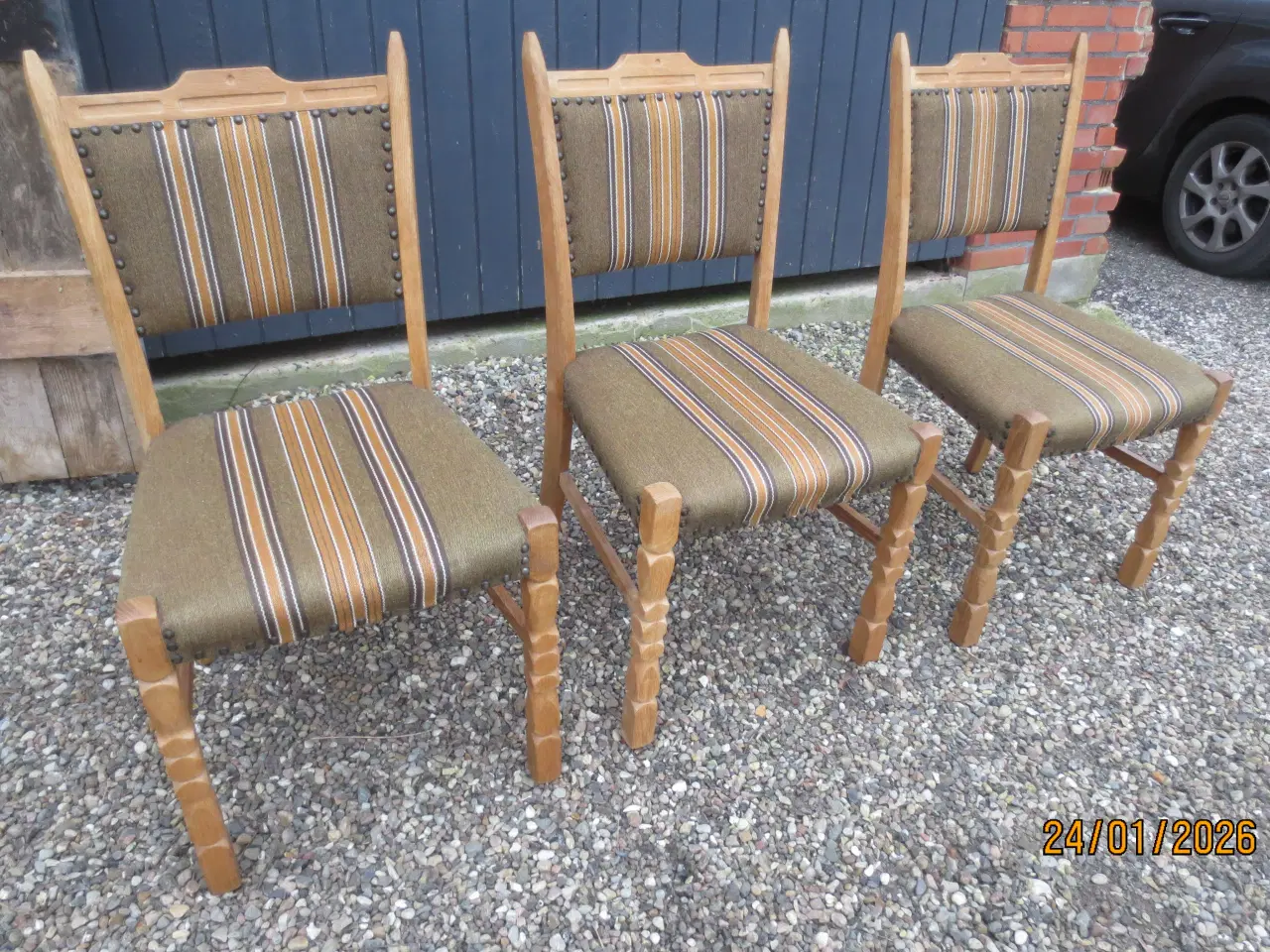 Billede 1 - 3 stk Egetræs Spisebordsstole med Gråstribet stof 