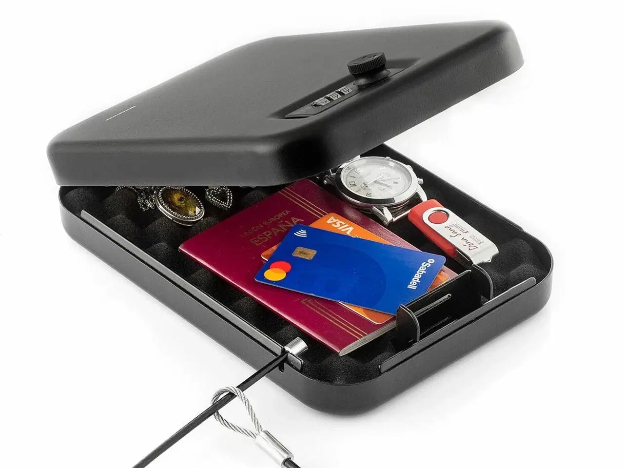 Billede 5 - Sikkerhedsboks med kombinationslås - Prisaven, bærbar med stålkabel (sort)