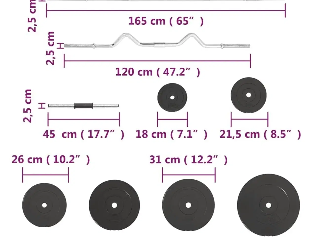 Billede 12 - Vægtstang og håndvægt med skiver 120 kg