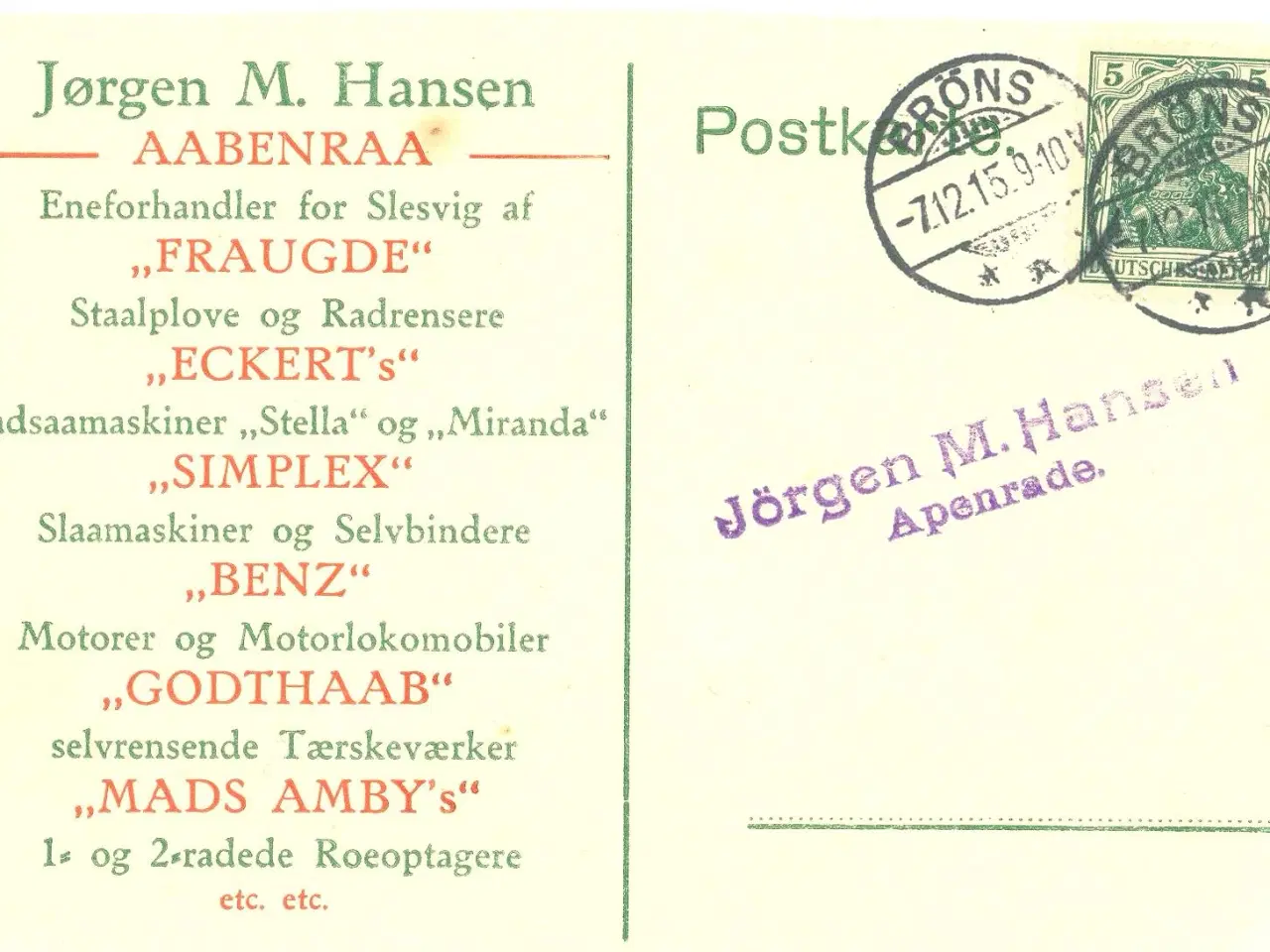 Billede 1 - Aabenraa. Reklamekort 1915