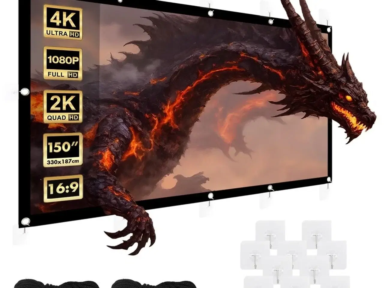 Billede 3 - Projektor lærred 150" Maclean – 330×187 cm, 16:9 kant, ophængskroge