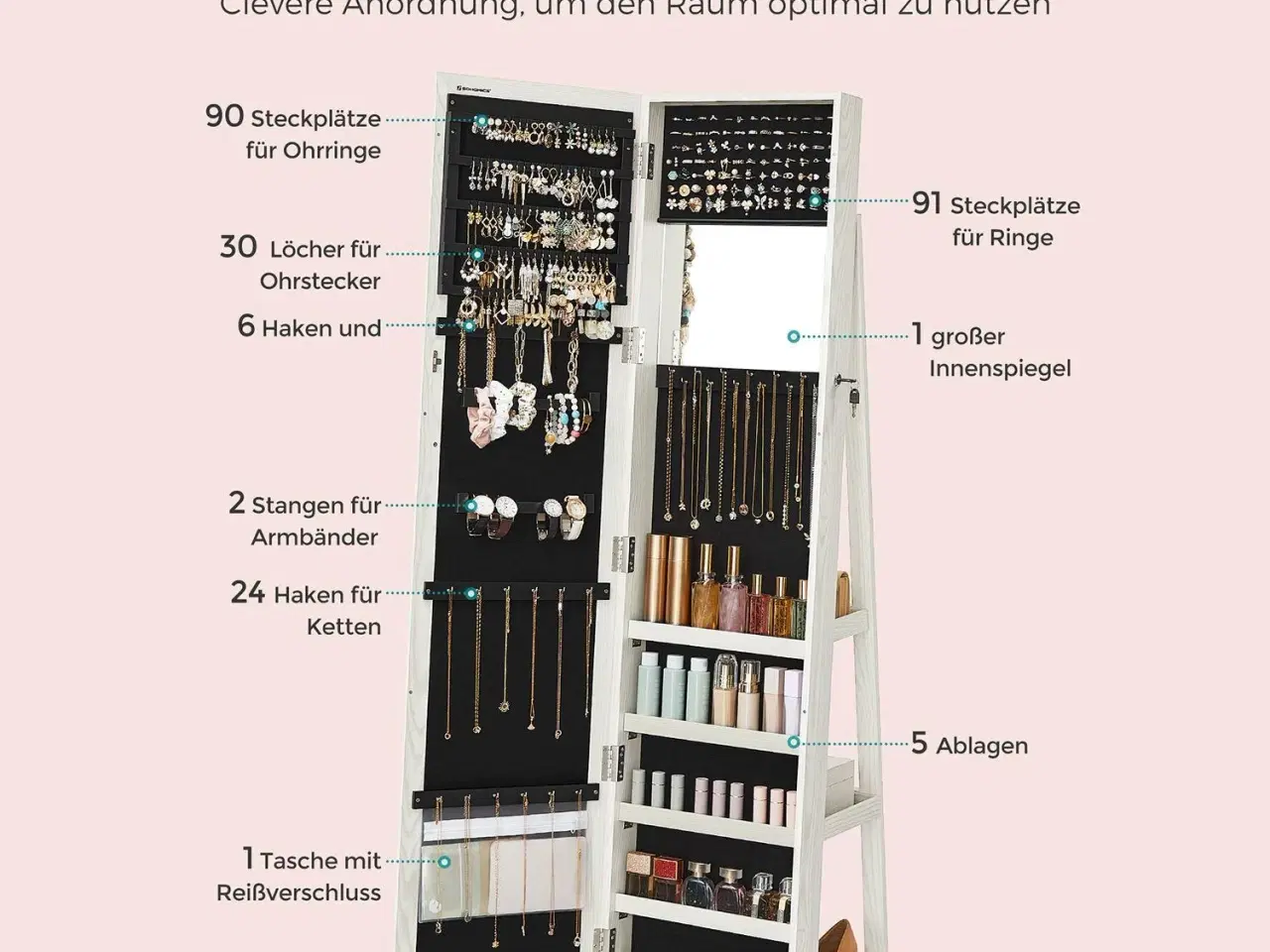 Billede 4 - Smykkeskab med spejl 360° fritstående, låsbart 3-i-1, hylder, kosmetikopbevaring, hvid med grå træstruktur