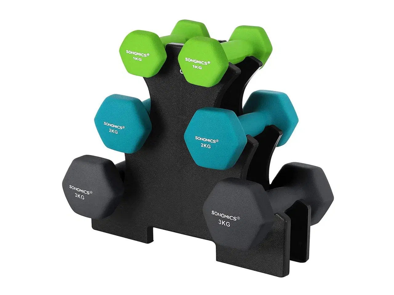 Billede 1 - Håndvægtsæt med stativ – 2 x 1 kg, 2 x 2 kg, 2 x 3 kg, neopren – lime, teal og mørkegrå